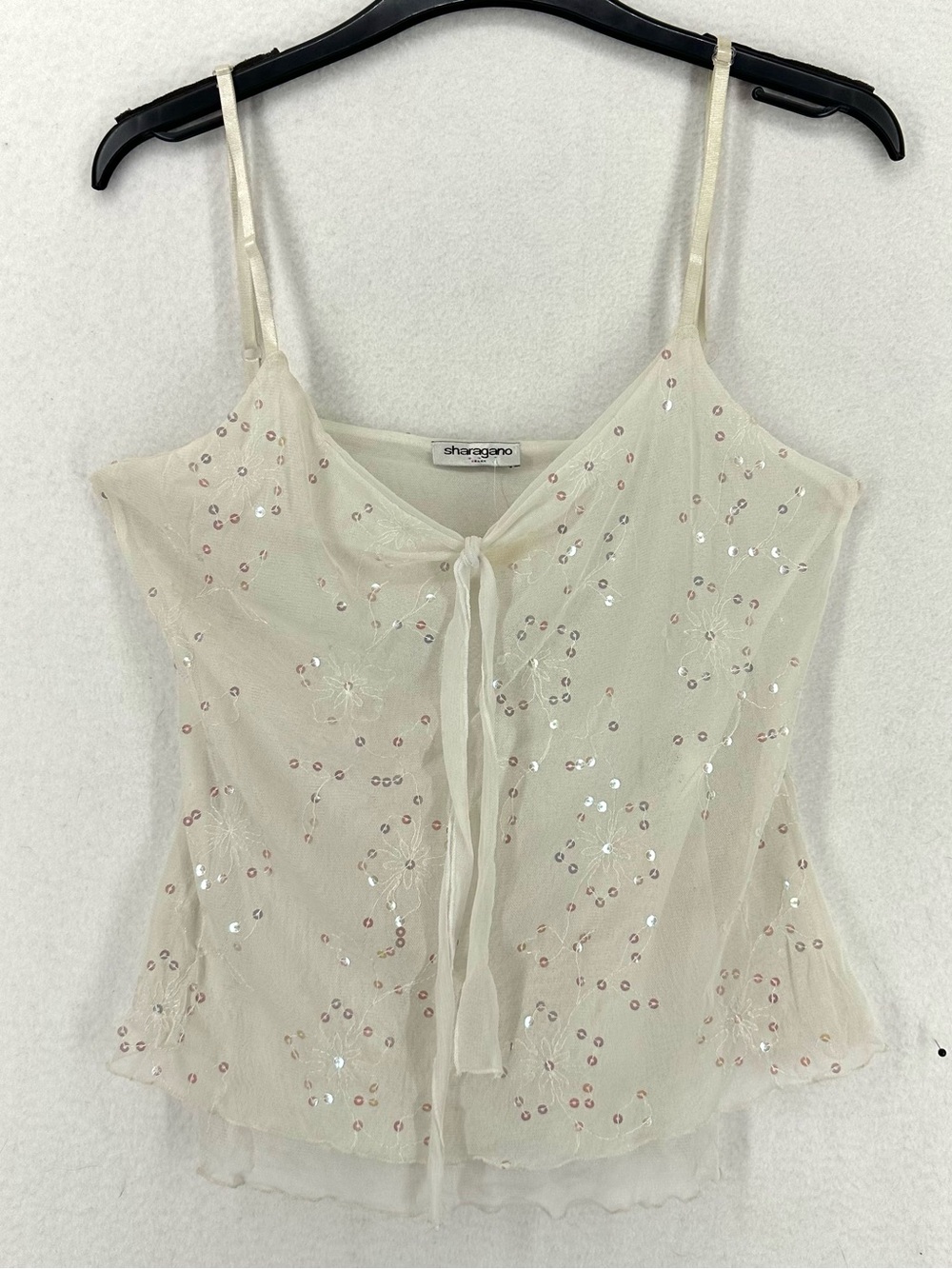 Sharagano Sheer Sequin Cami Women’s M Ivory Y2K Embroidered Mesh Top